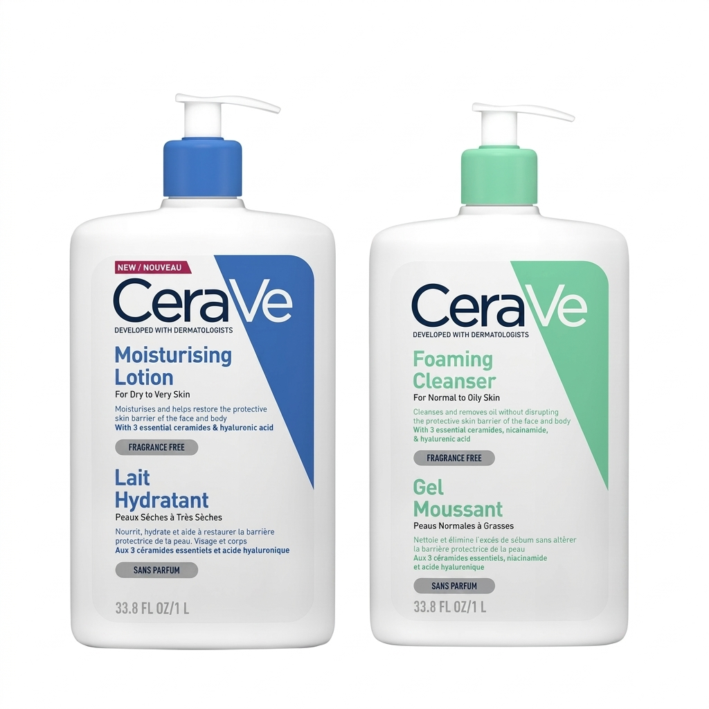 CeraVe Duo Économique 2x1L – Nettoyant & Lait Hydratant Peaux Sèches