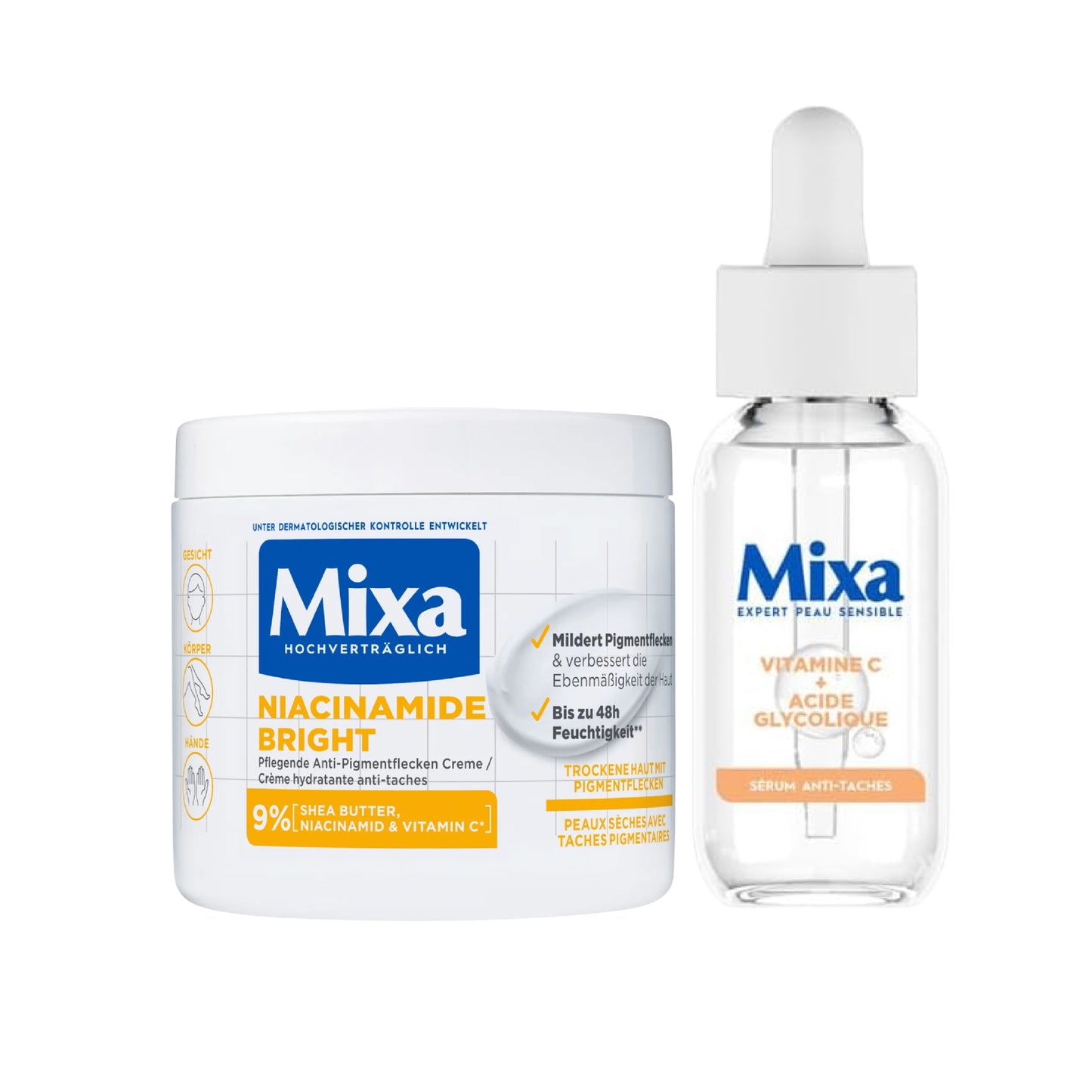 Mixa Duo Anti-Taches Éclat - Crème Niacinamide 400ml + Sérum Vitamine C 30ml corps & visage