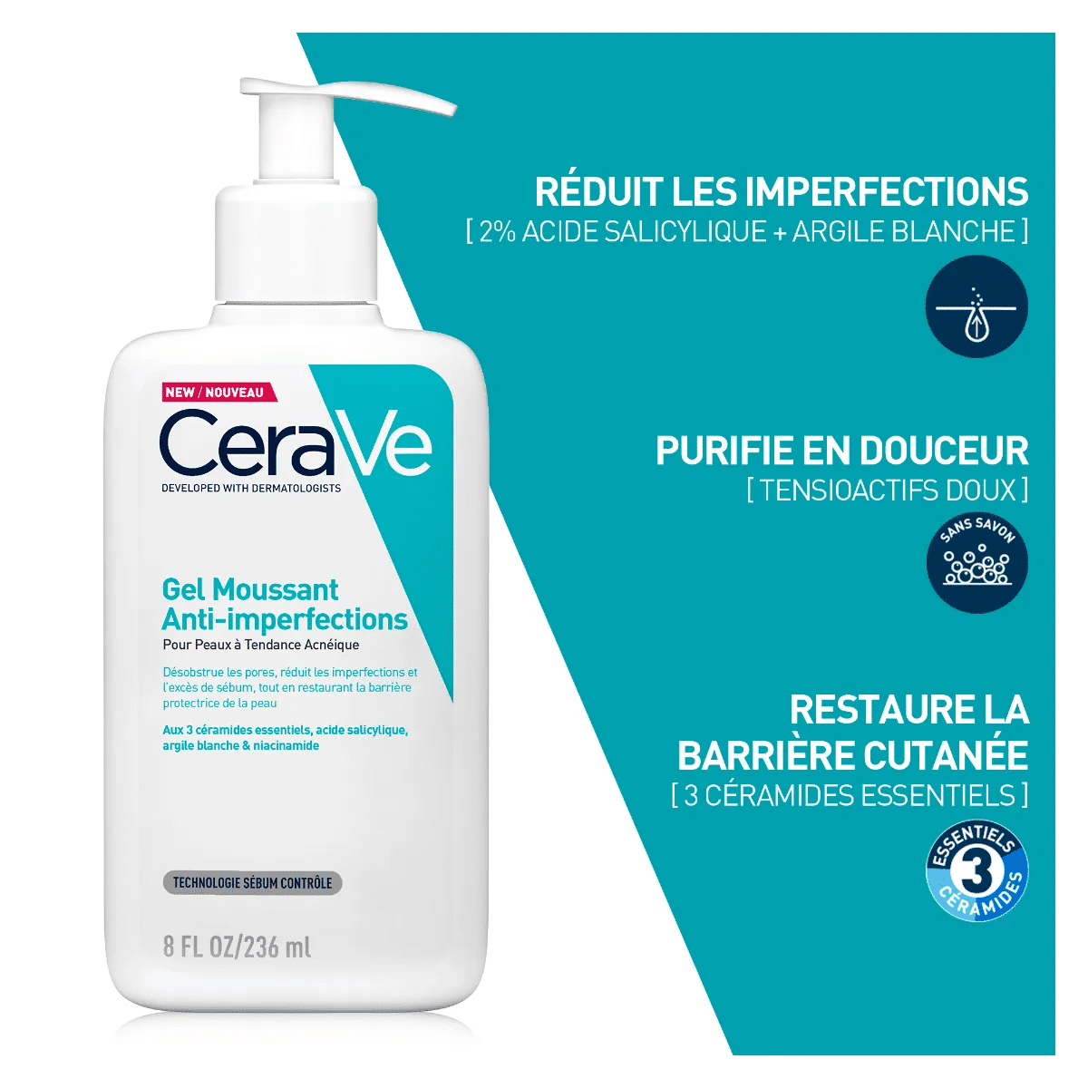 CeraVe Gel Moussant Anti Imperfections 236ml - Peaux Acnéiques & Pores