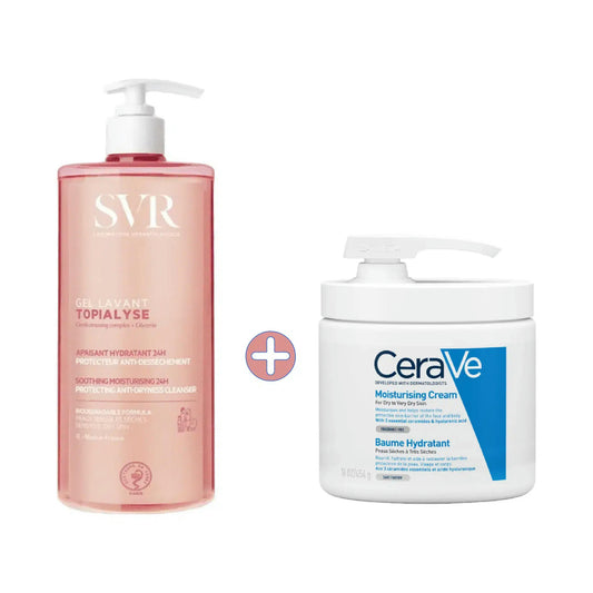 Duo Hydratation Peaux Très Sèches, SVR Gel Lavant 1L + CeraVe Baume 454g Pompe